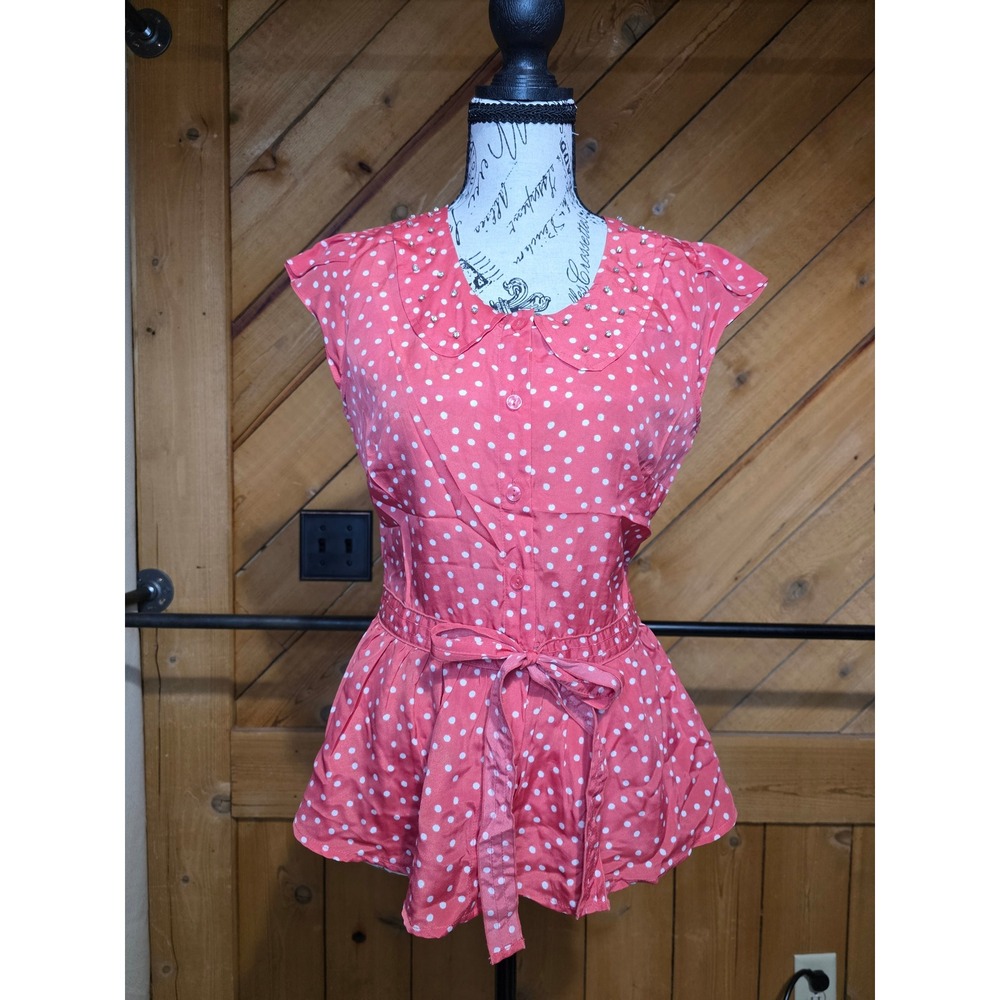 LC Lauren Conrad Polka Dot Peplum Blouse Berry Pink‎ Rhinestone Collar S NWT